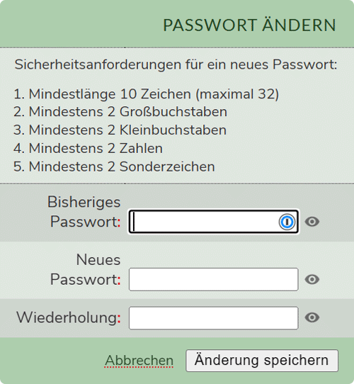Bildschirm 'Passwort ändern'